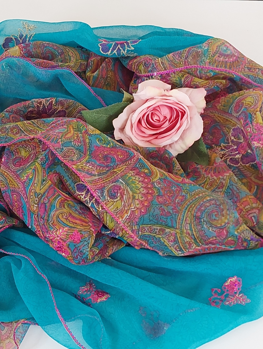 Vintage Turquoise Chiffon Dupatta Hand Embroidered Paisley Kashmiri Scarf Wrap
